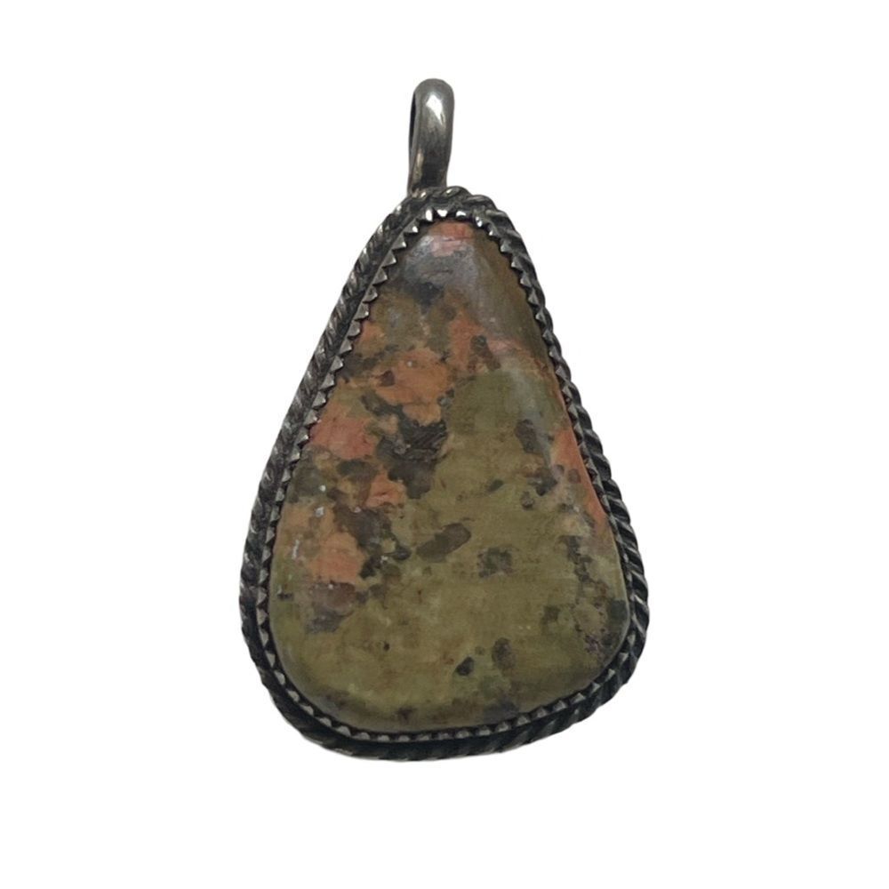 Vintage Sterling Silver Unakite Pendant Artisan Southwestern Rope Border 925